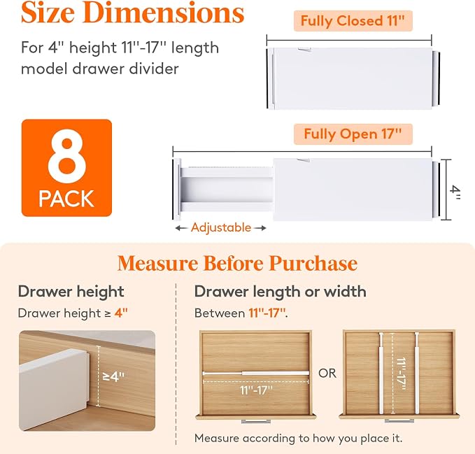 Lifewit 8 Pack 4" High Drawer Dividers 28-43.5cm/11-17" Adjustable Drawer - Image 2