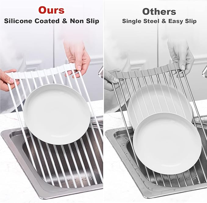 MERRYBOX Roll Up Over The Sink Dish Drying Rack Silicone Wrapped Foldable - Image 7