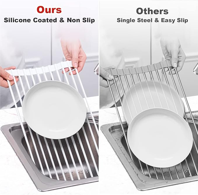 MERRYBOX Roll Up Dish Drying Rack, Silicone Wrapped Over The Sink Dish Rack - Image 6