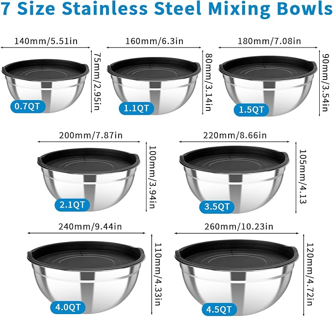 7-Piece Mixing Bowls with Airtight Lids — Stackable Stainless Steel Nesting - Image 2