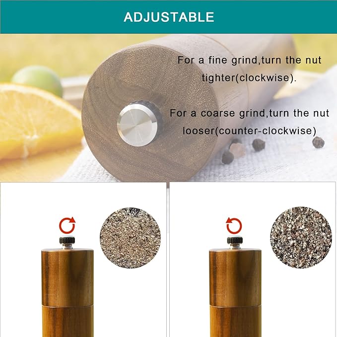 Wooden Salt and Pepper Grinder, 8 Inch Manual Salt and Pepper Mill, Adjustable - Image 3