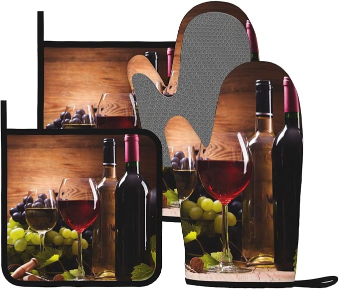 Wine Grapes Wooden Vintage Oven Mitts and Pot Holders Sets of 4, Heat Resistant by Echoserein