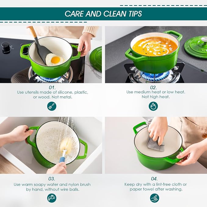 vancasso Enameled Cast Iron Dutch Oven, 2.5 QT Green Naturally Non-Stick - Image 6