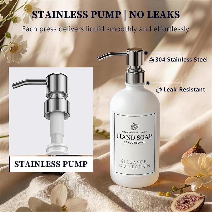 White Glass Soap Dispenser Set of 2, 16oz Hand and Dish Soap Dispenser - Image 2