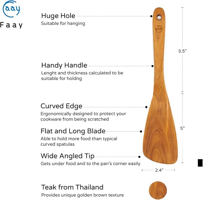 FAAY 11.5” Left-Hand Compact Wooden Spatula – Angled Teak Turner - Image 2