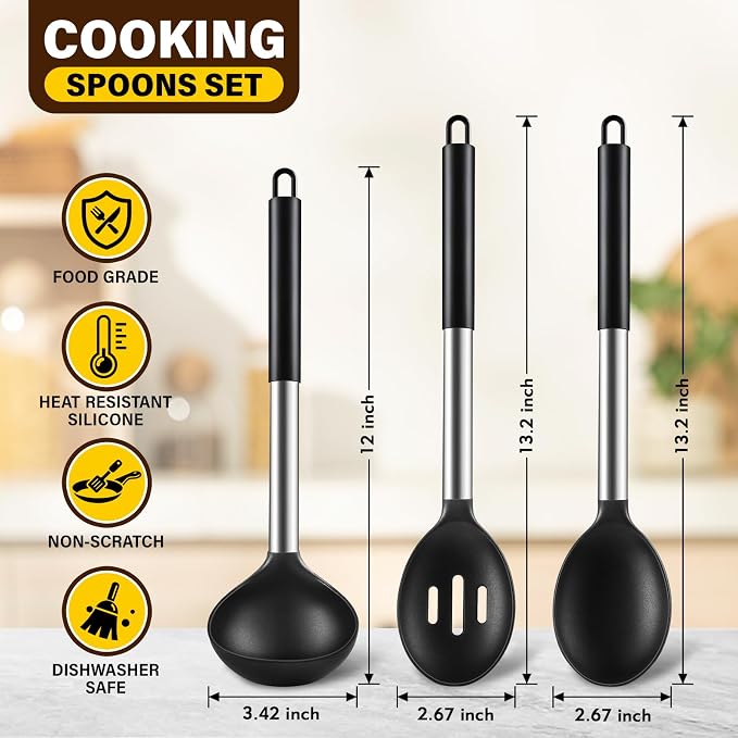 3 Pcs Silicone Cooking Spoon Set, Kitchen Utensils Include Solid & Slotted Spoon - Image 2