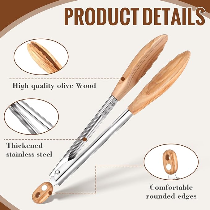 Baderke 2 Pcs Olive Wooden Kitchen Tongs - Image 4