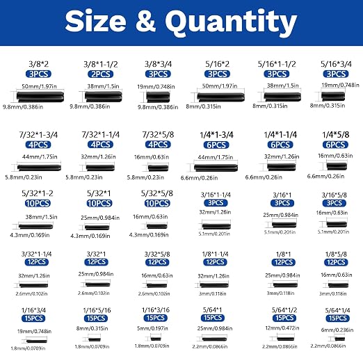 248 Pcs SAE Roll Pin Assortment Set Steel Split Expansion Pin 10 Sizes 1/16 - Image 2