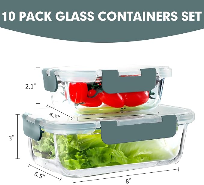 VERONES 10 Pack Glass Meal Prep Containers, Airtight Glass Lunch Containers - Image 2