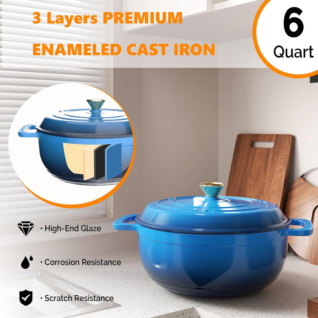 ROVSUN Enameled Cast Iron Round Dutch Oven, 6QT, Blue