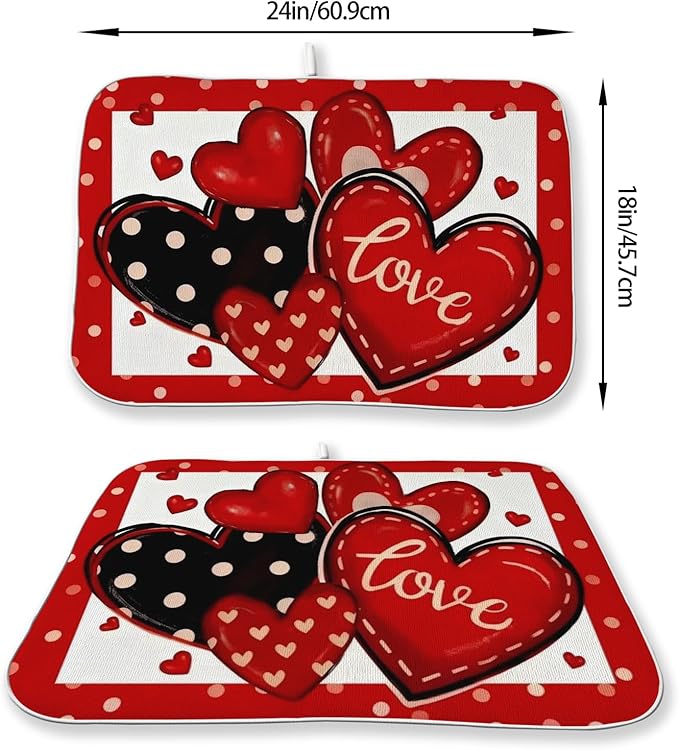 Valentines Dish Drying Mat 18x24 Inch Black Red Hearts Dish Drainer Protector - Image 3