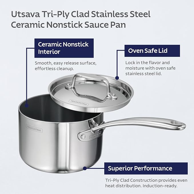 Tramontina Utsava Tri-Ply Clad Stainless Steel 2.2-Quart Sauce Pan - Image 3