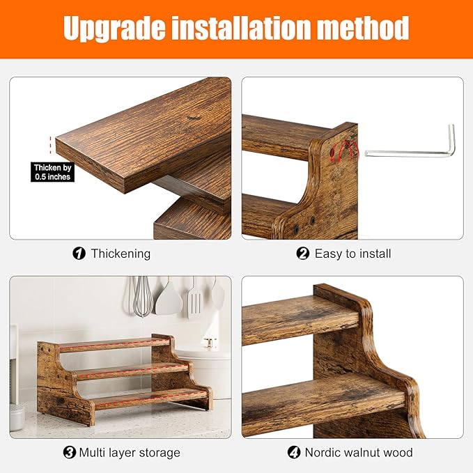 KLM 3-Tier Spice Rack, 13.8 Inch Wood Step Shelf Countertop Spice Storage Holder - Image 5