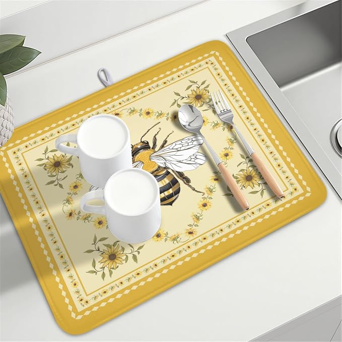 Giwawa Sunflower Bee Dish Drying Mat, Summer Rustic Sunshine Floral Dish - Image 8