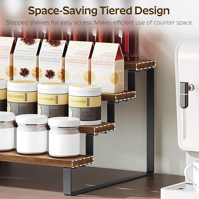 YATINEY Spice Rack, 4 Tier Wooden Display Riser Stand, Kitchen Storage Organizer - Image 3