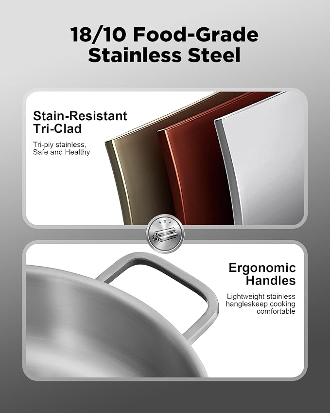Saute Pan with Lid, 12 Inch 7QT Tri-Ply Stainless Steel Braiser Pan, Deep - Image 4