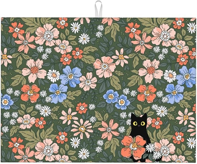 Black Cat Floral Dish Drying Mat by Unknown