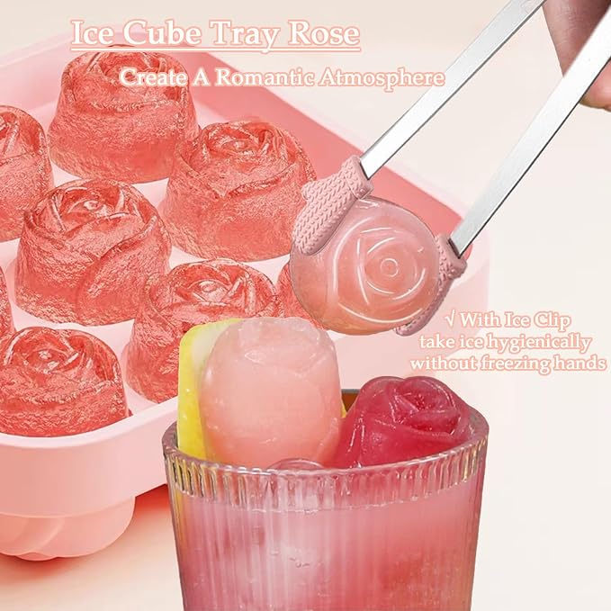 Ice Cube Mold with Lid, Silicone Rose Ice Cube Tray with Mini Tongs, Rose Ice - Image 4
