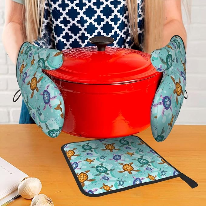 Cute Sea Turtle Beach Oven Mitts and Pot Holders Set Ocean Themed Decorative - Image 7
