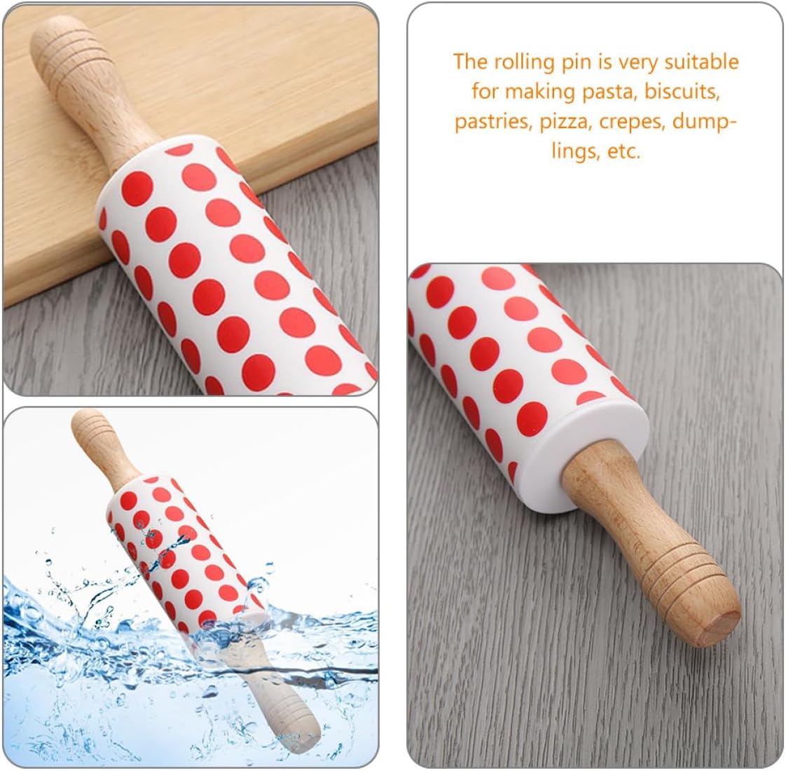 2pcs Silicone Wooden Handle Rolling Pin for Dough Baking