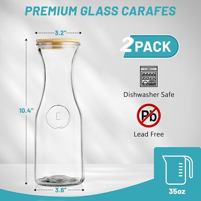 Glass Carafe with Bamboo Lid, Round 35 Oz Beverage Dispensers Carafe, Mimosa - Image 2