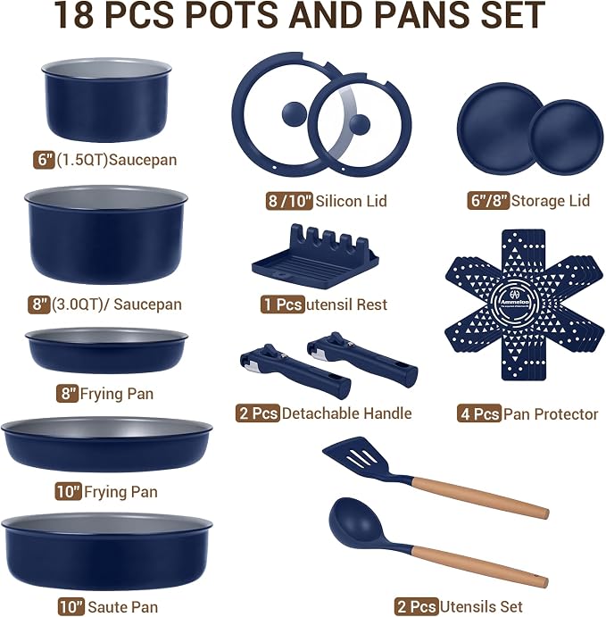 Ammeloo 18-Piece Ceramic Pots and Pans Set Non Stick, Non Toxic Cookware Set - Image 8