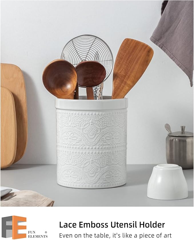 FUN ELEMENTS Kitchen Utensil Holder, 7.2" Super Large Utensil Crock Heavy and - Image 2