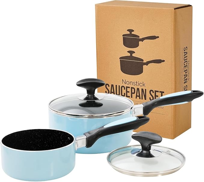 Nonstick Saucepan Set with Lid, Non Stick 1Qt & 2Qt Sauce Pan Set with Glass by HooJay