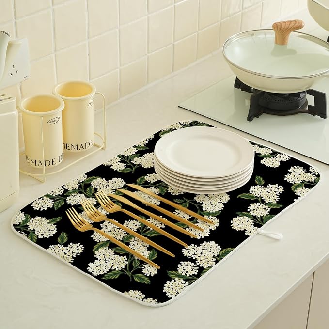 Black Dish Drying Mat 18x24 Inch Green Vintage Floral Hydrangea Flower Drying - Image 4