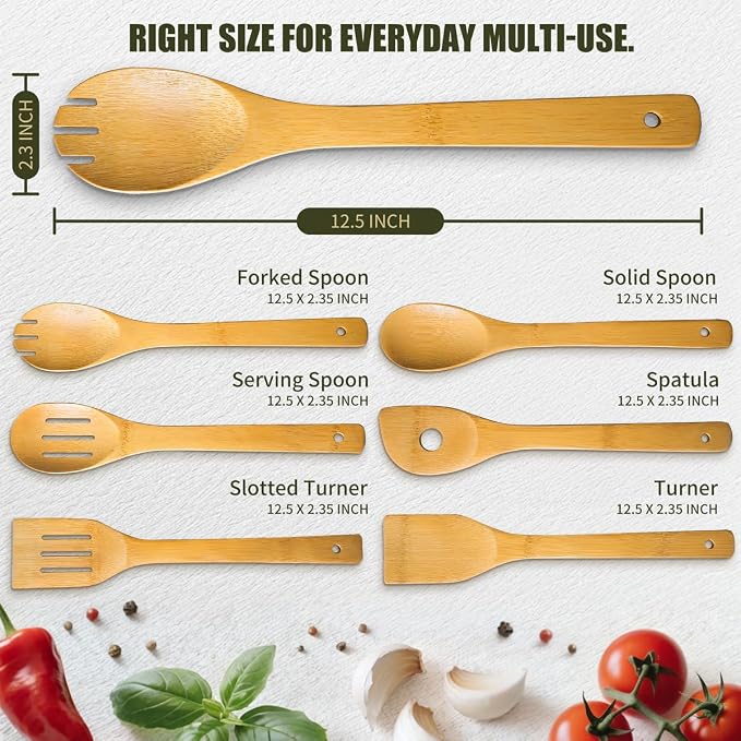 IOOLEEM Bamboo Wooden Spoons for Cooking 6 Pcs 12 Inch, Non-Stick Wooden - Image 4