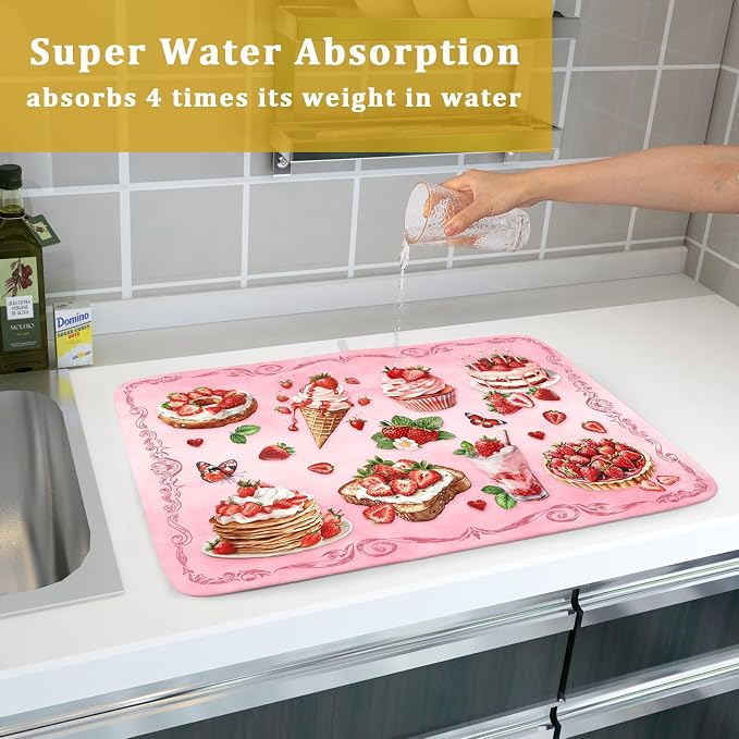 Strawberry Dish Drying Rack Mat Pink Absorbent Microfiber Dish Drying Mat - Image 7