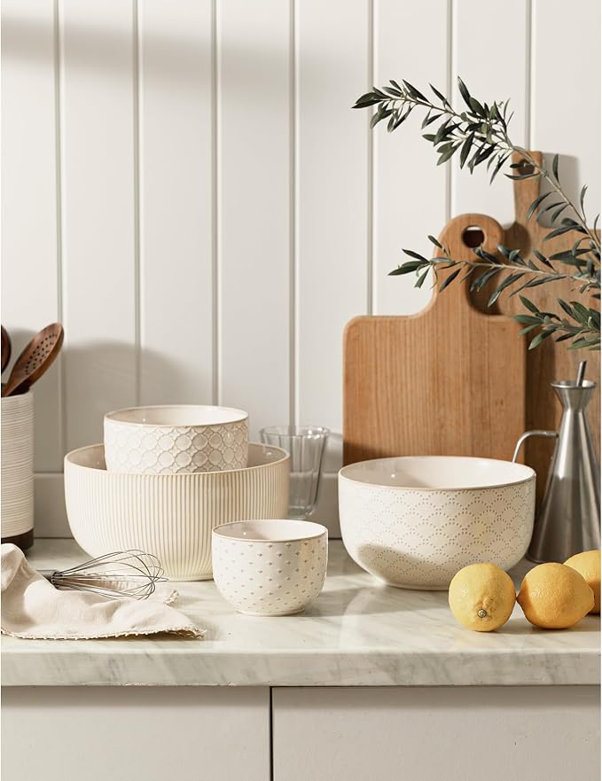 Mikiegy Ceramic Mixing Bowls Set of 4, Nesting Ceramic Embossment Stoneware - Image 7