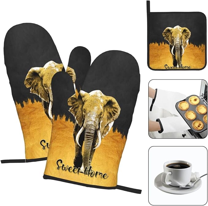 Elephant Oven Mitts and Pot Holders Sets of 3 Black Gold Hot Pads Oven Gloves - Image 3