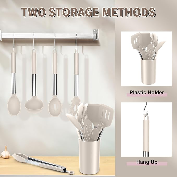 E-far Silicone Cooking Utensils Set, 14-Piece Khaki Kitchen Utensils Set - Image 6
