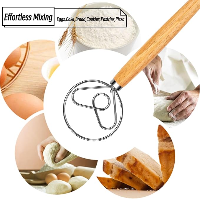 Danish Dough Whisk with Dough Hook Stainless Steel Wooden Handle - Image 7