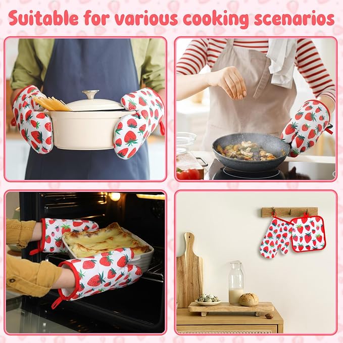 4 Pcs Oven Mitts and Pot Holders Cute Strawberry Oven Gloves and Pot Holders - Image 4