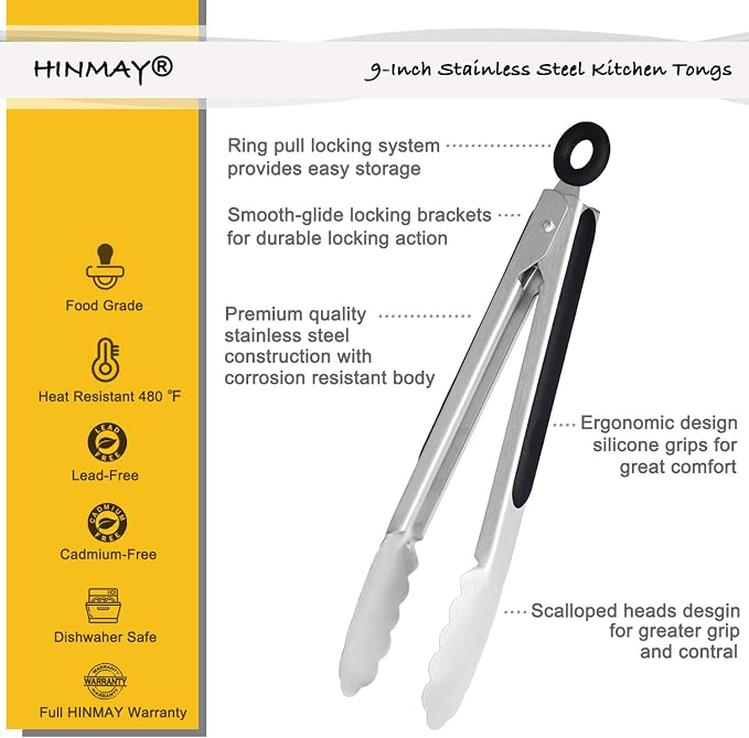 HINMAY Stainless Steel Kitchen Tongs 9-Inch Cooking Tongs - Image 2