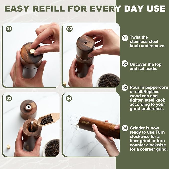 Wooden Salt and Pepper Grinder Set 8 Inch Manual Salt and Pepper Mill - Image 6