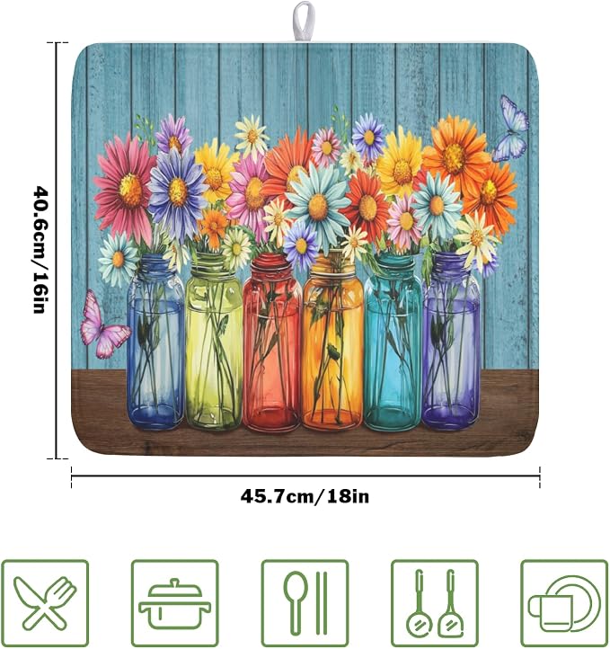 Vintage Floral Dish Drying Mat for Kitchen Counter Rustic Flower Vases Wooden - Image 2
