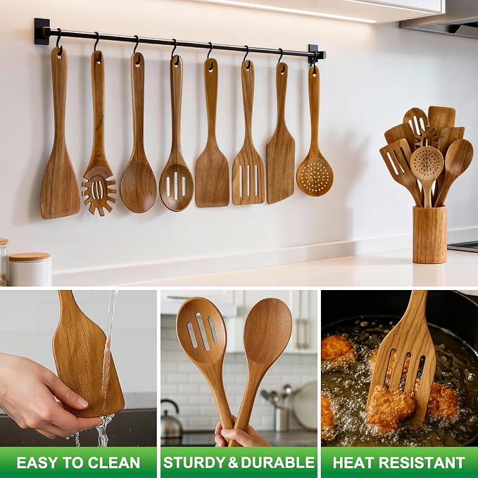 9 Pack Best Wooden Spoons Non Toxic Cooking Utensil Set - Image 5