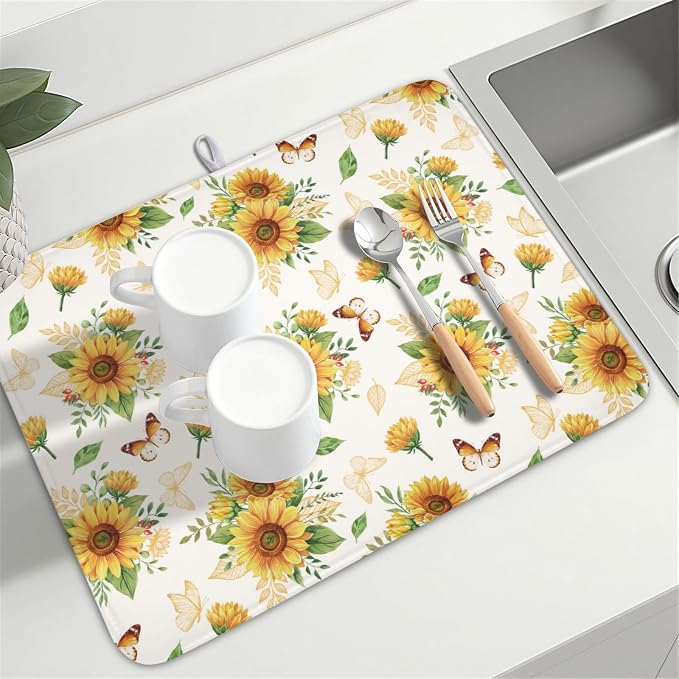 Sunflower Dish Drying Mat for Kitchen Counter Summer Yellow Floral Microfiber - Image 8