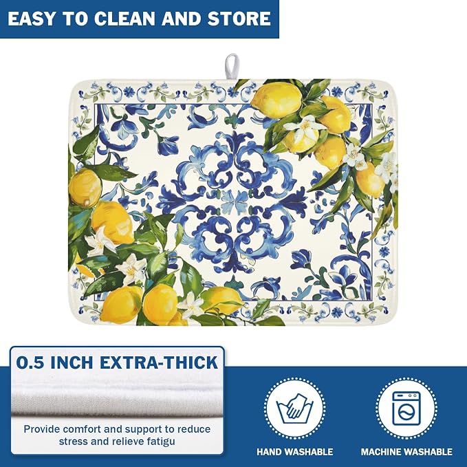 Lemon Dish Drying Mat 24x18 Inch, Italian Olive Tree Dish Drainer Mats Summer - Image 5
