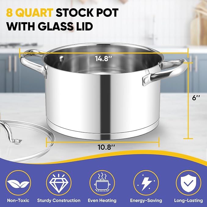 TeamFar 8QT Stock Pot with Lid, Stainless Steel Tri-ply Bottom Cooking Pot - Image 2