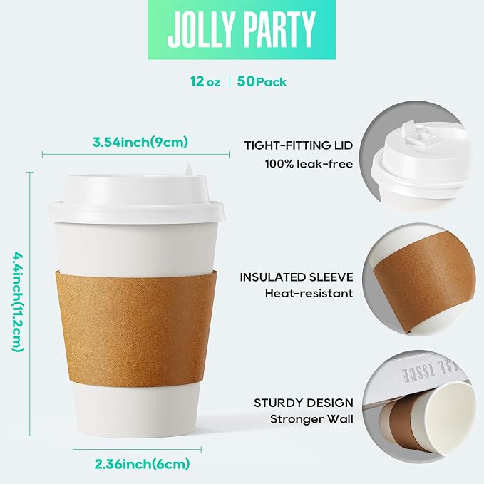 JOLLY PARTY 12 oz Paper Coffee Cups, Disposable Paper Coffee Cup - Image 2