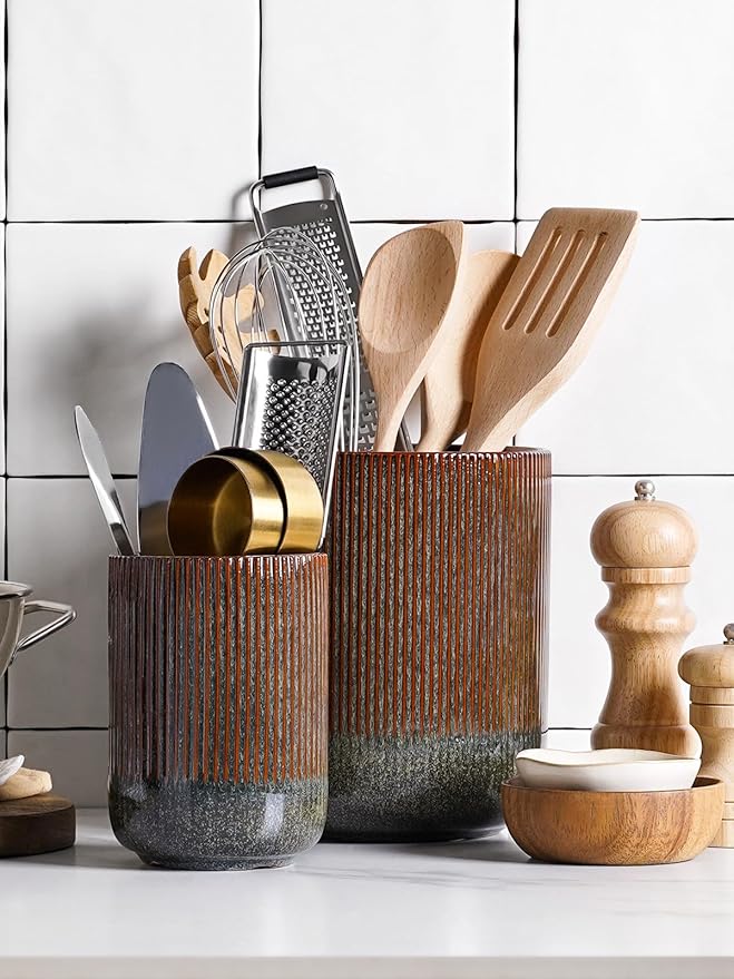 LE TAUCI Utensil Holder for Kitchen Counter, 7.3"+5.4" Fluted Ceramic Utensil - Image 3