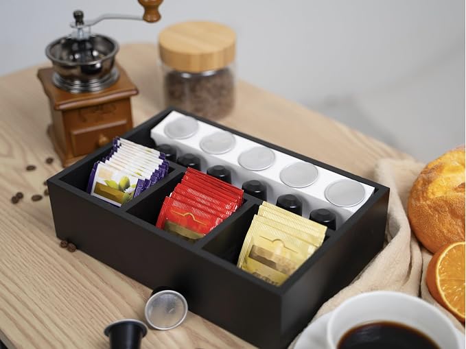 Tea Bag Organizer Wood Black, 4 Compartments Tea Bag Holder, Large Capacity - Image 4