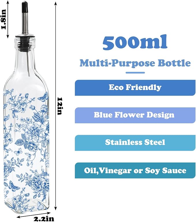 JarThenaAMCS Chinoiserie Olive Oil Dispenser Bottle Blue Floral Glass Cruet - Image 2
