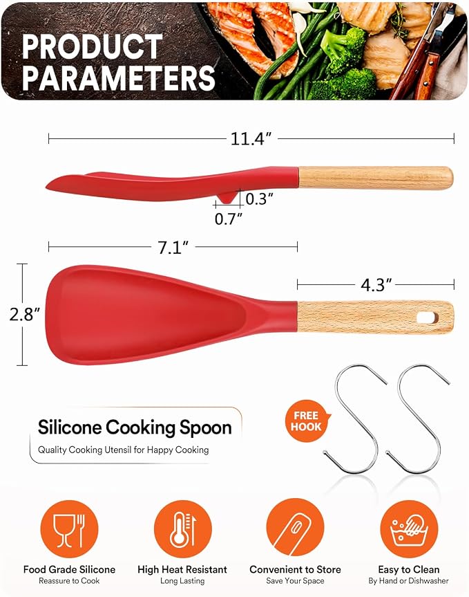 Cooking Spoon for Nonstick Cookwares, Wood Handle Spoon for Mixing, and Scrape - Image 2