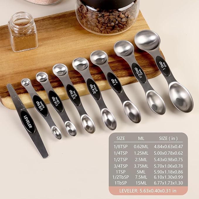 ChefAide Pack of 8 Stainless Steel Magnetic Measuring Spoons Set, Dual Sided - Image 3