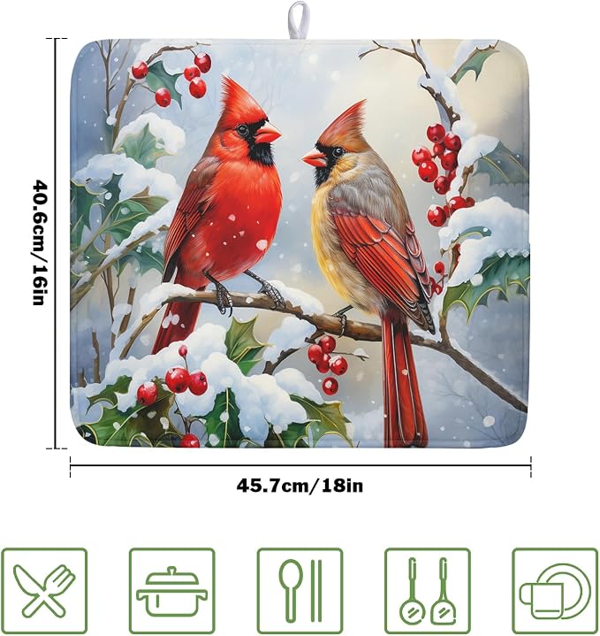 Winter Cardinal Birds Dish Drying Mat, Holly Berry Branches Dish Drying Mat - Image 2